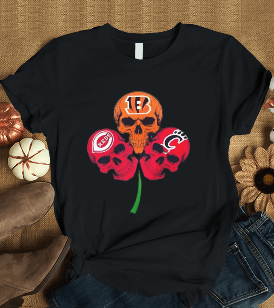 Cincinnati Bengals Reds Bearcats Shamrock Skulls Trio T-Shirt