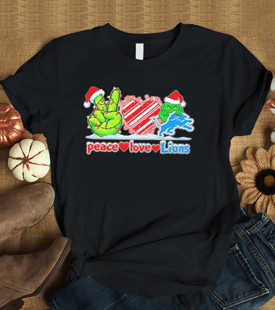 Peace Love Lions Christmas Grinch Detroit Lions T-Shirt