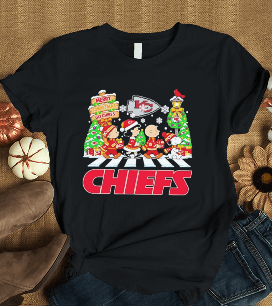 Kansas City Chiefs Peanuts Abbey Road Christmas Snowflakes Charlie Brown Snoopy T-Shirt