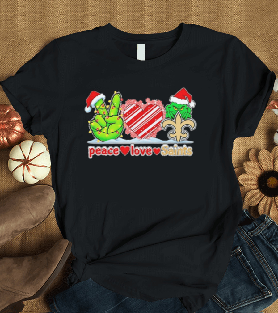 Peace Love Saints Grinch Christmas New Orleans Saints Holiday Fun T-Shirt