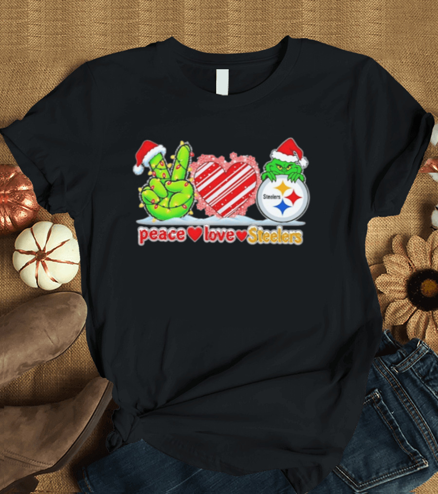 Pittsburgh Steelers Grinch Peace Love Christmas T-Shirt