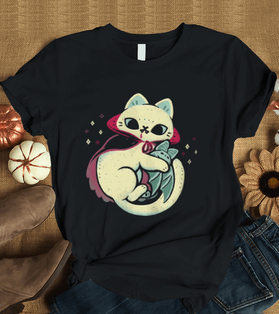 Vampire Cat Cuddles Bat With Cloak And Fangs T-Shirt