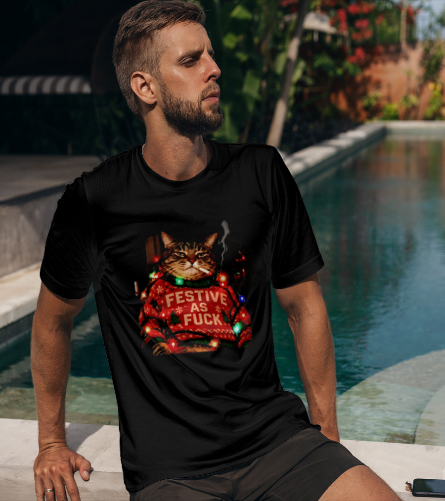Festive As Fuck Smoking Cat Christmas Sweater Light Up Holiday Joke T-Shirt