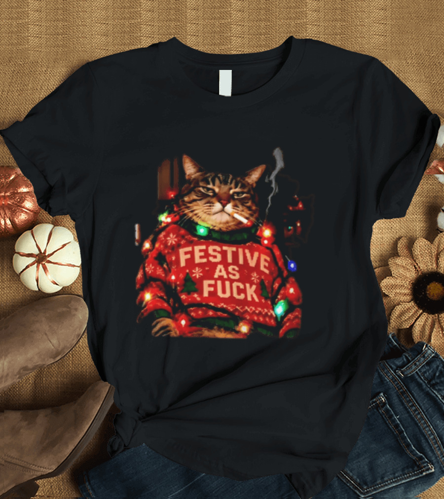 Festive As Fuck Smoking Cat Christmas Sweater Light Up Holiday Joke T-Shirt