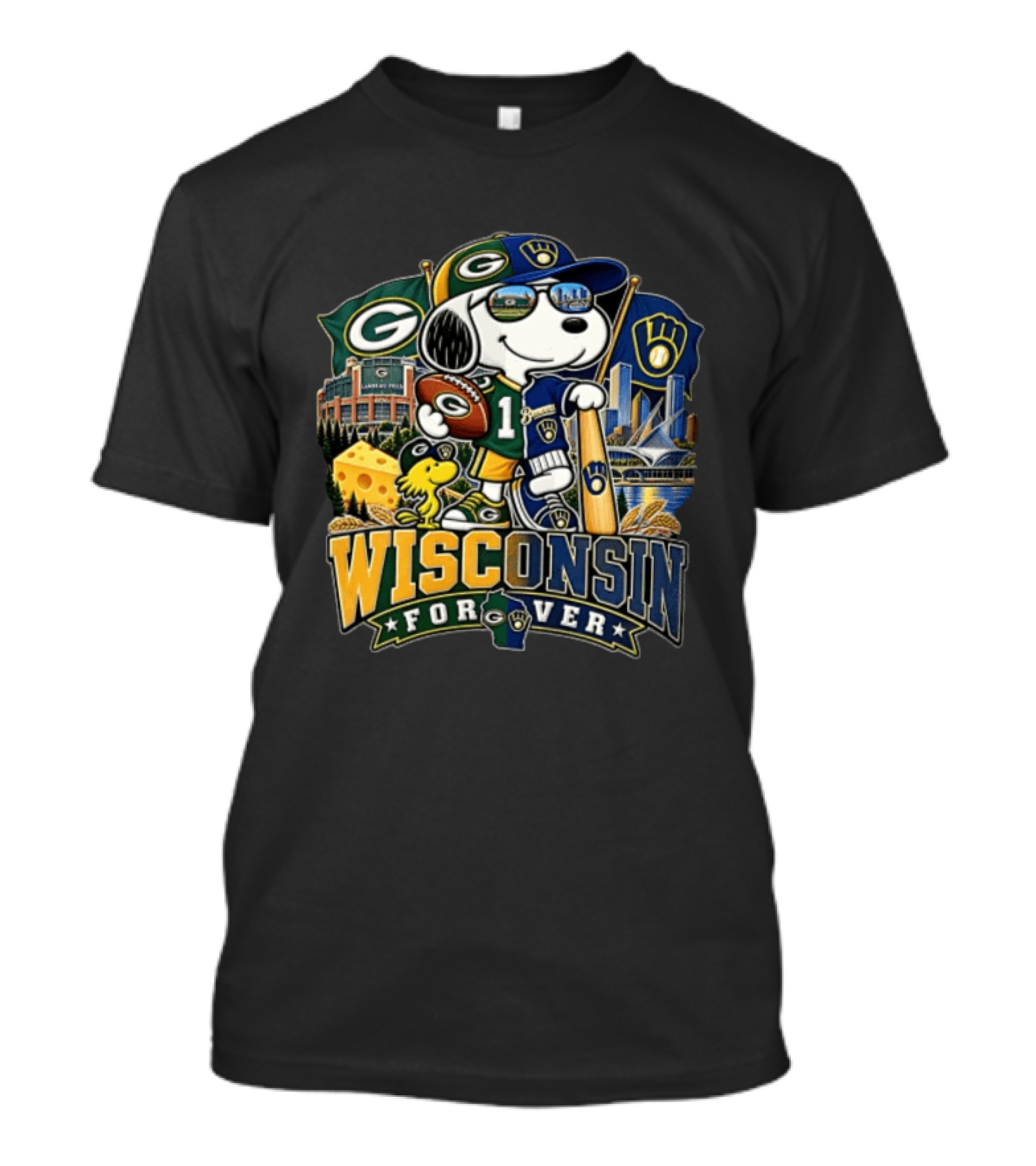 Wisconsin Forever Snoopy Green Bay Packers Milwaukee Brewers Sports Fan Collection T-Shirt