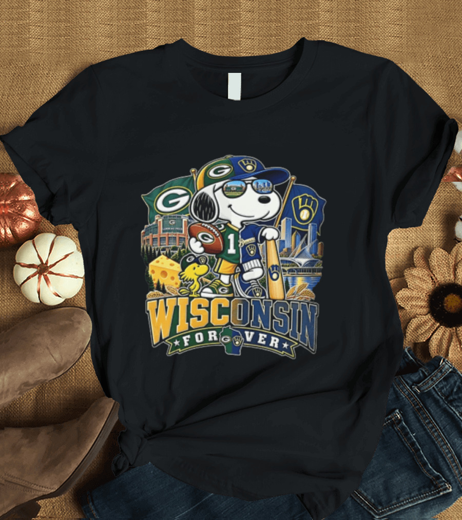 Wisconsin Forever Snoopy Green Bay Packers Milwaukee Brewers Sports Fan Collection T-Shirt