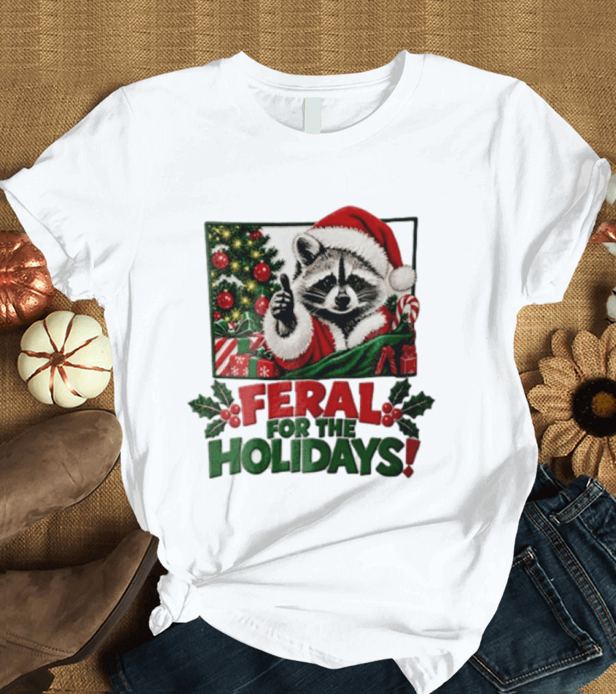 Feral For The Holidays Raccoon Santa Hat Christmas Thumbs Up Xmas Tree T-Shirt