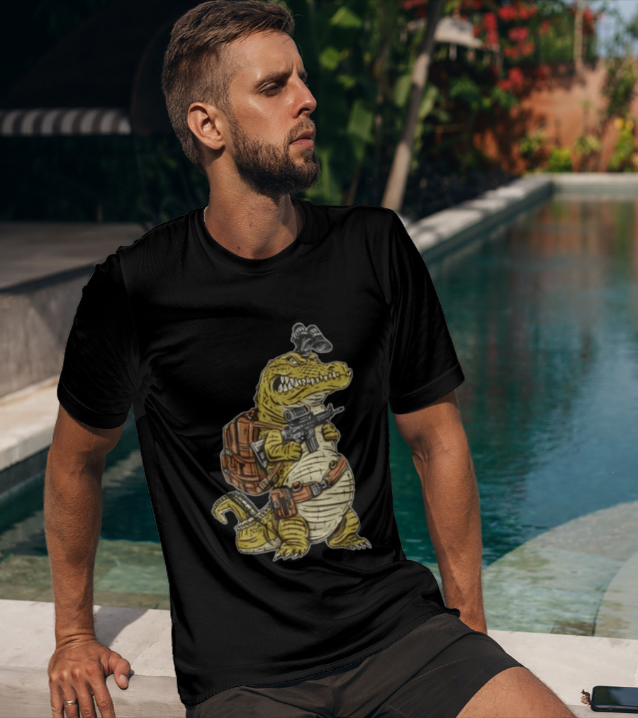 Tactical Alligator With Firearm And Backpack T-Shirt