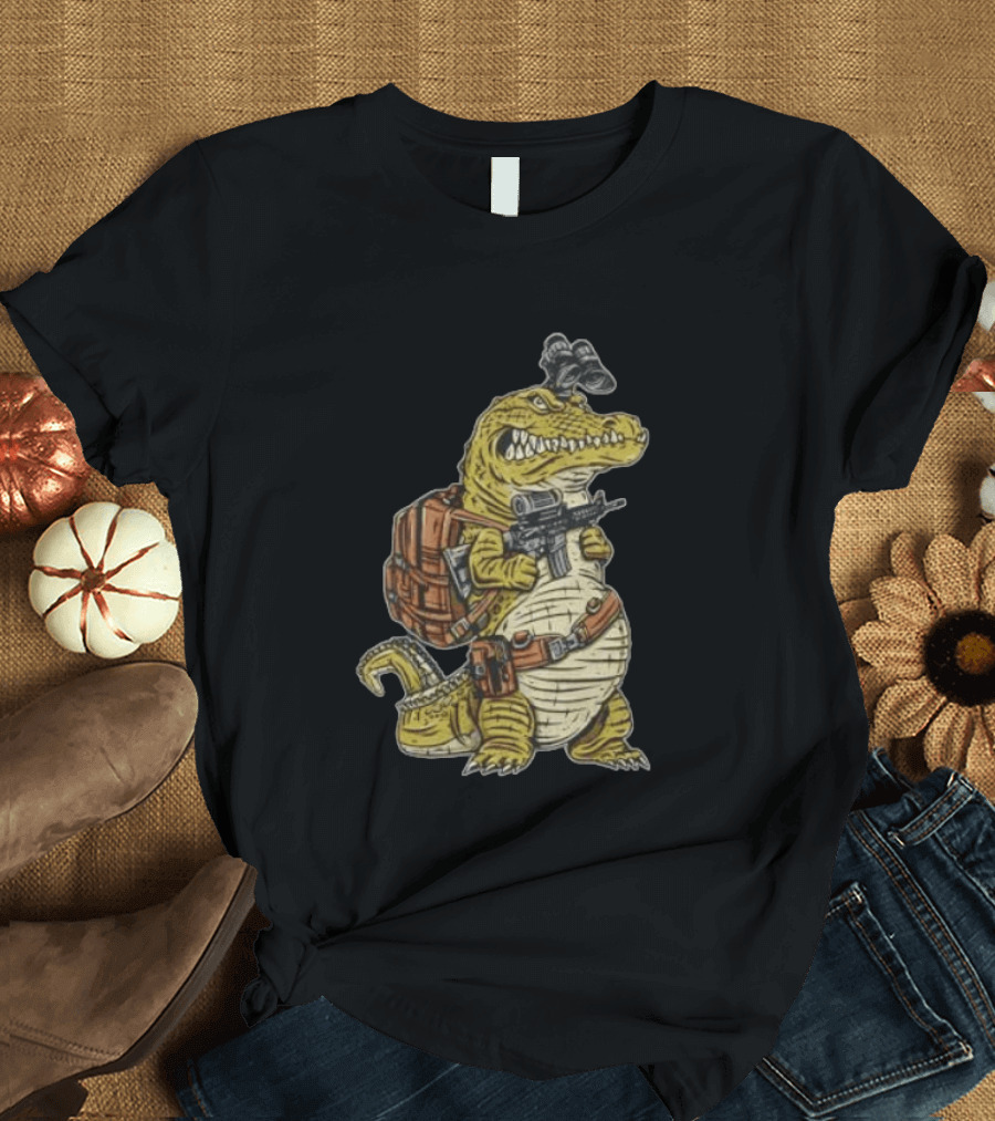 Tactical Alligator With Firearm And Backpack T-Shirt