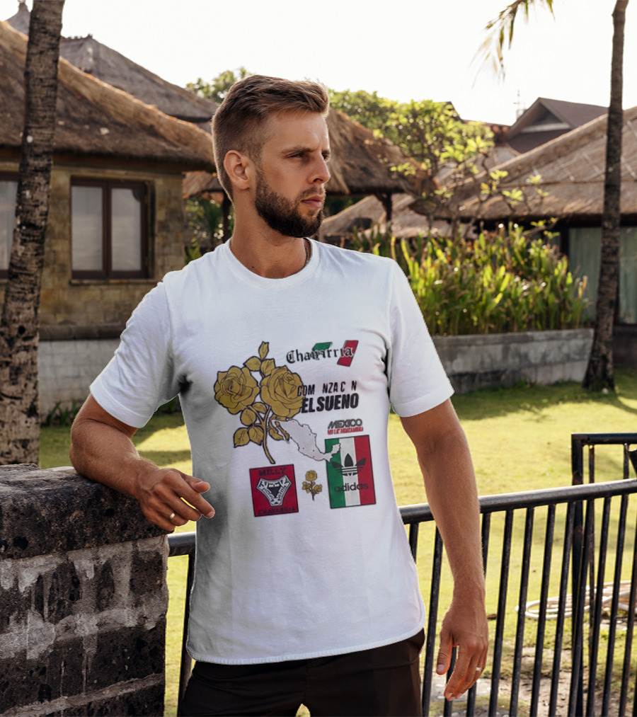 Mexico Willy Chavarria Adidas Comienza Con El Sueno 2026 Collaboration Gold Roses Map Mexican Flag T-Shirt