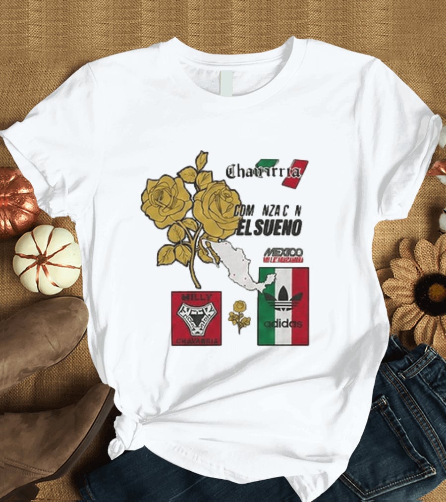 Mexico Willy Chavarria Adidas Comienza Con El Sueno 2026 Collaboration Gold Roses Map Mexican Flag T-Shirt