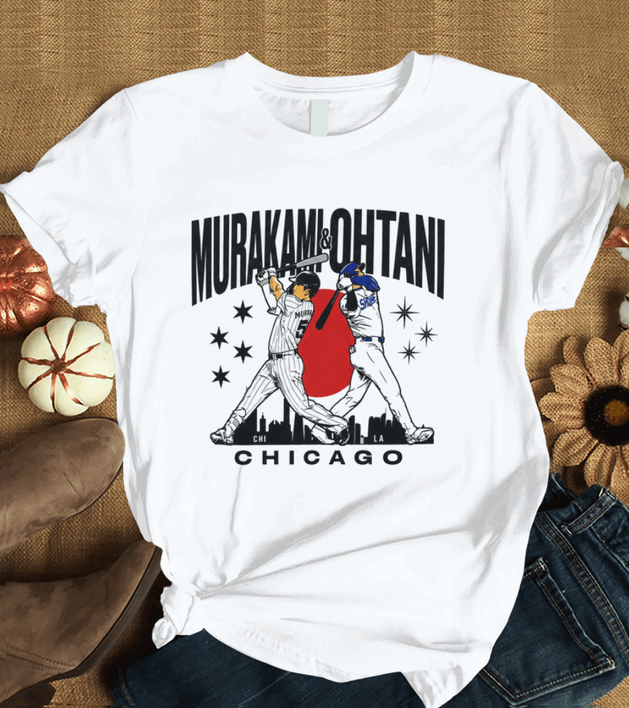 Murakami Ohtani Chicago LA Baseball Rivalry Japan Red Sun Skyline T-Shirt
