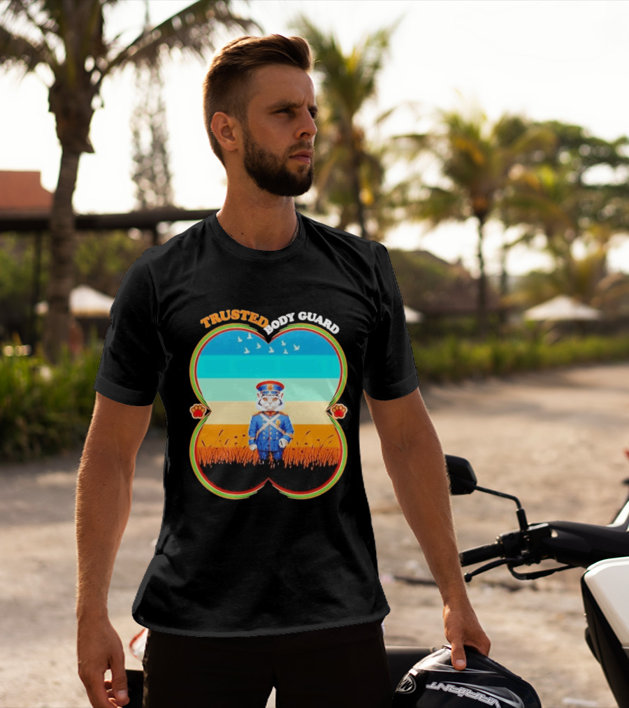 Trusted Body Guard Cat In Uniform With Sunset And Bird T-Shirt