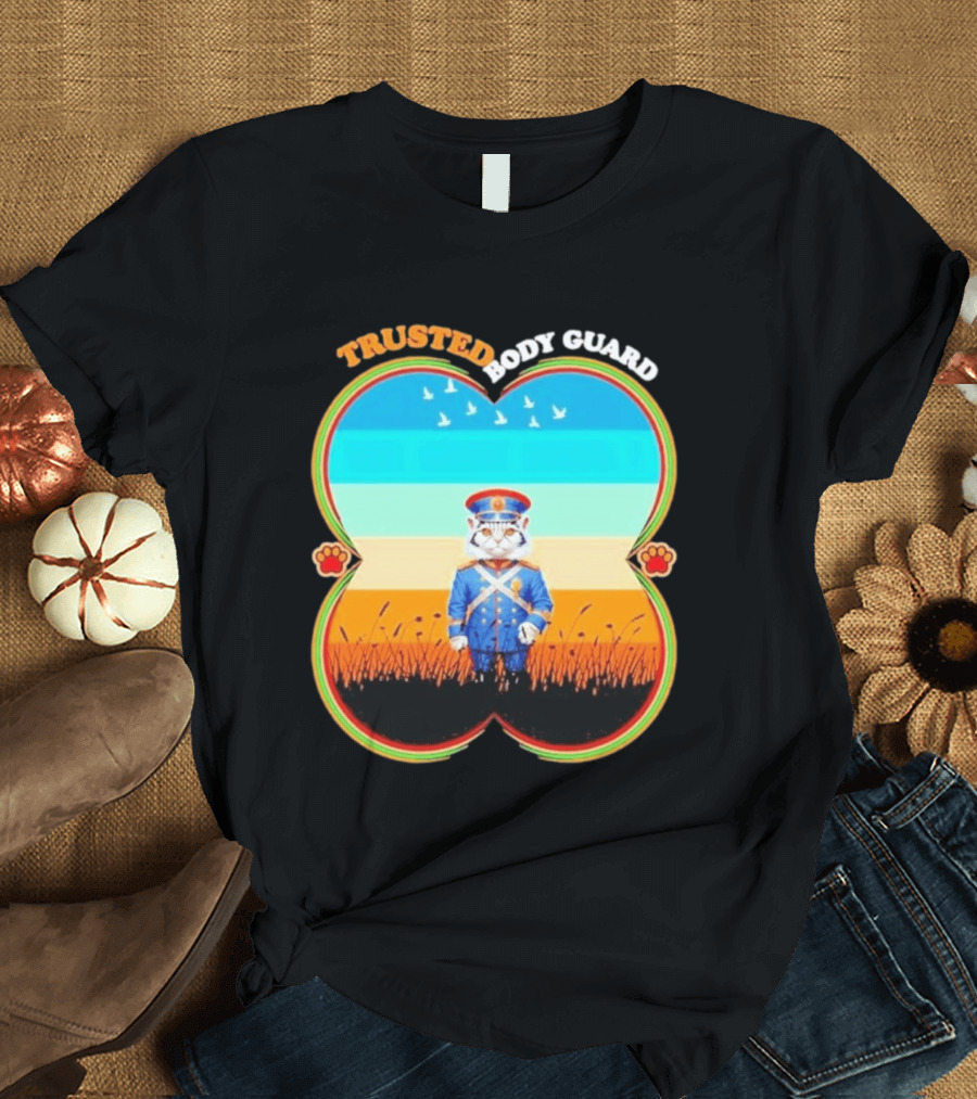Trusted Body Guard Cat In Uniform With Sunset And Bird T-Shirt