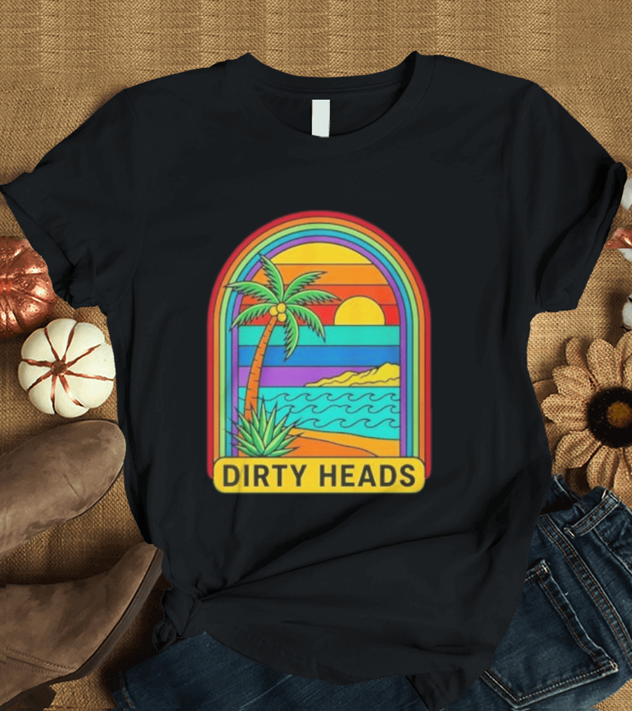 Dirty Heads Vibrant Sunset Beach Scene With Palm Tree And Waves T-Shirt