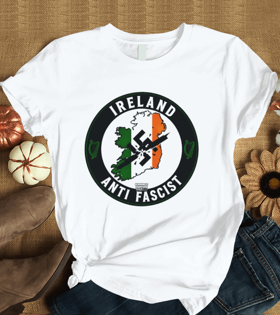Ireland Anti Fascist Map Design With Tri Color Stripes And Crossed Out T-Shirt