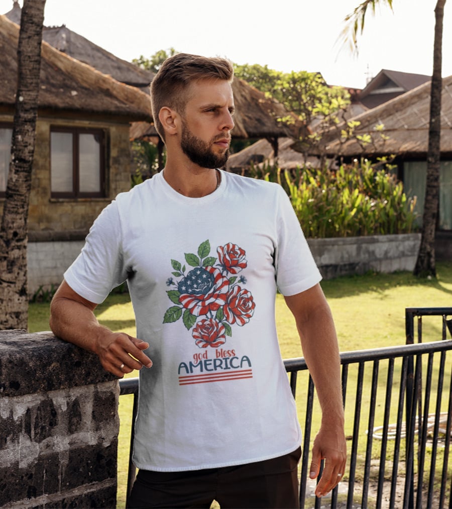 Patriotic Floral God Bless America Roses With Red White Blue Stripes T-Shirt