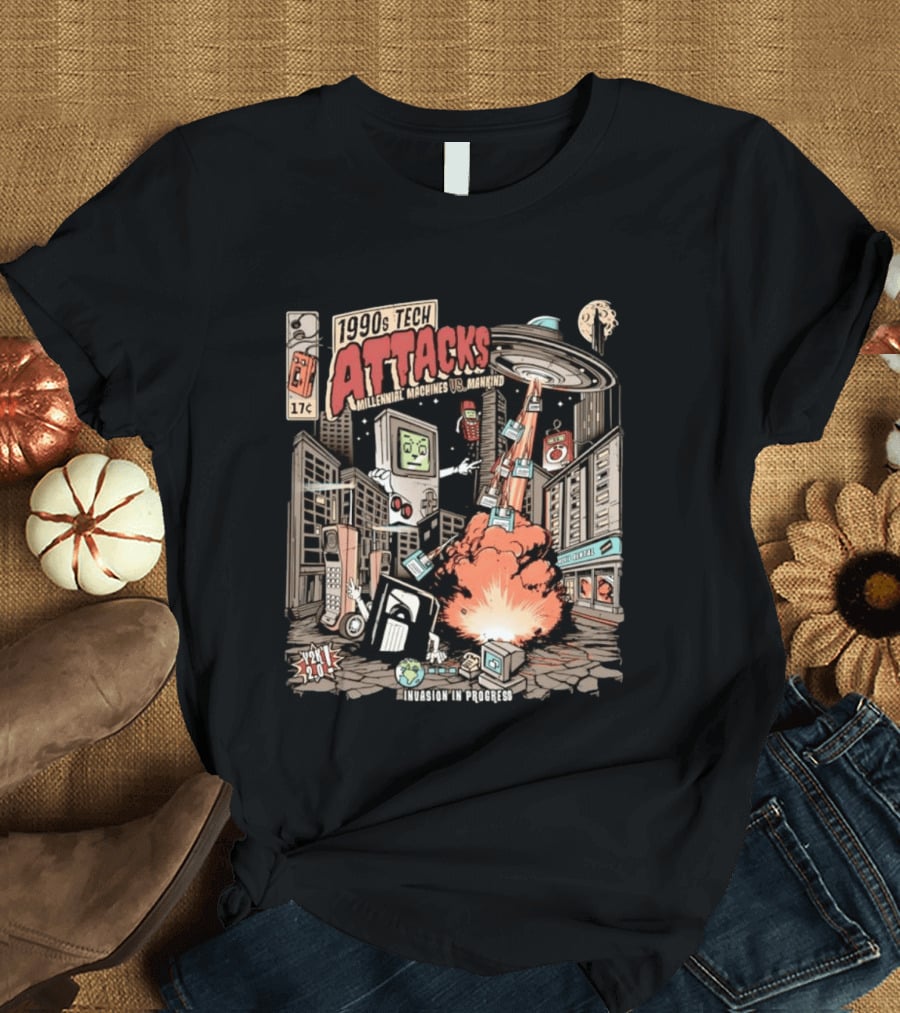 1990s Tech Attacks Millennial Machines Vs Mankind Invasion In Progress Y2K 2.0 T-Shirt