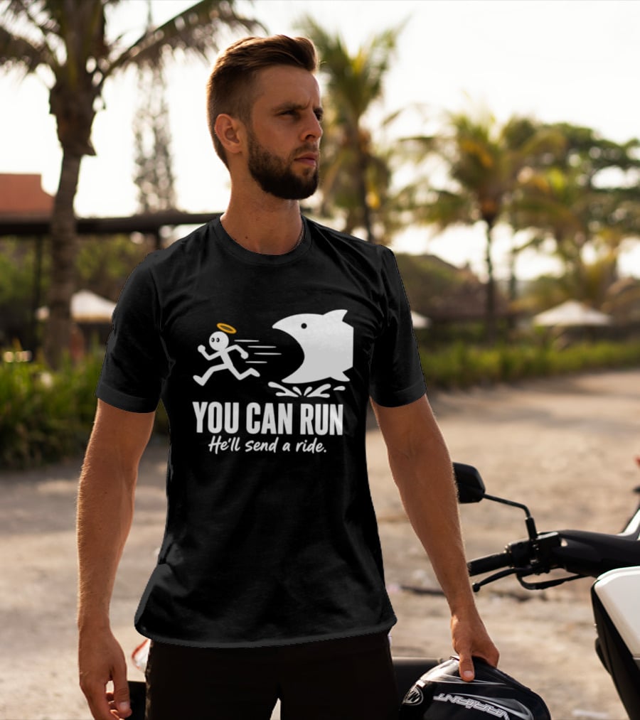 Angel Fleeing Shark You Can Run He'll Send A Ride Humor T-Shirt