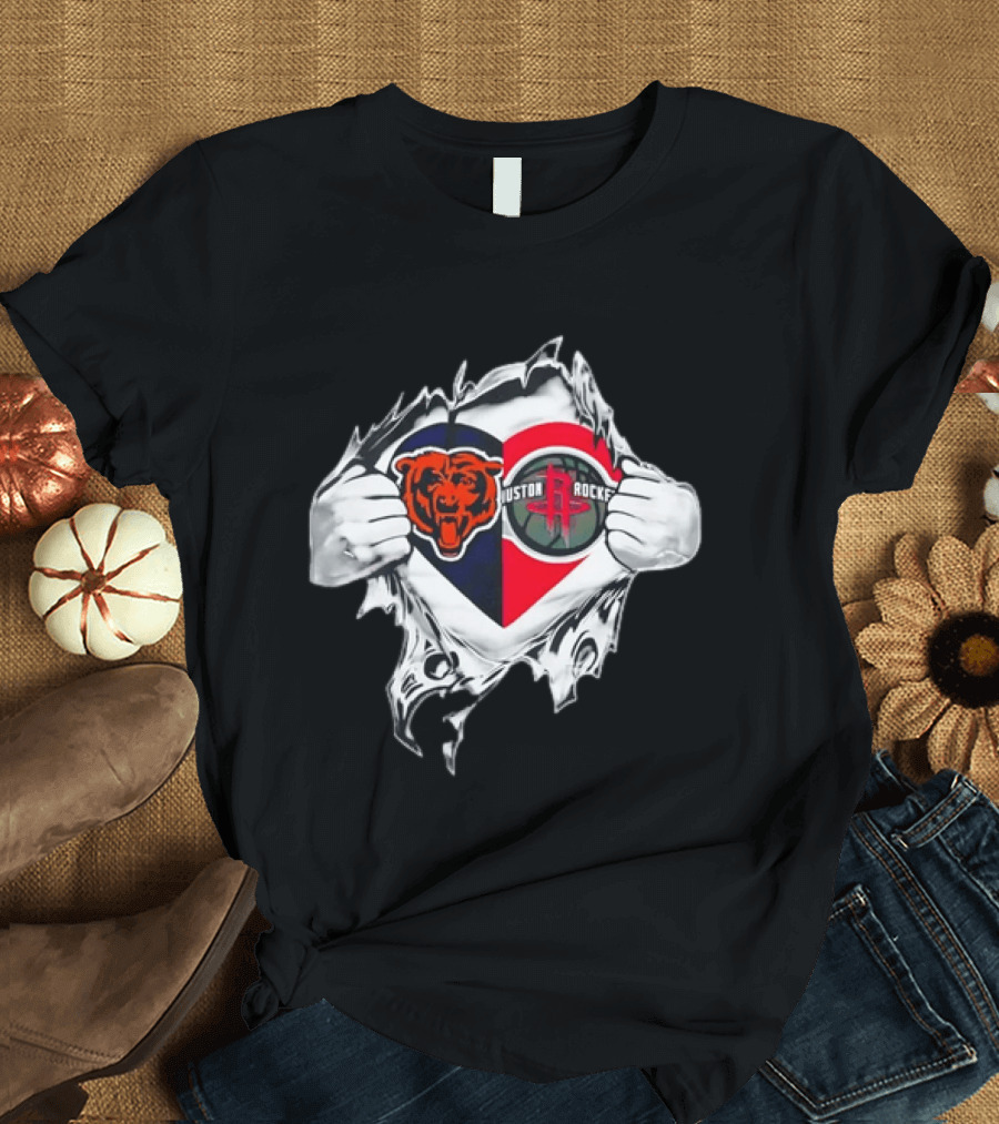 Chicago Bears Houston Rockets Ripped Chest Duo Logo Fan Gear T-Shirt