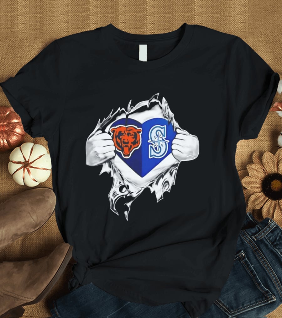 Chicago Bears Seattle Mariners Heart Ripping Through Chest Sports Fan T-Shirt
