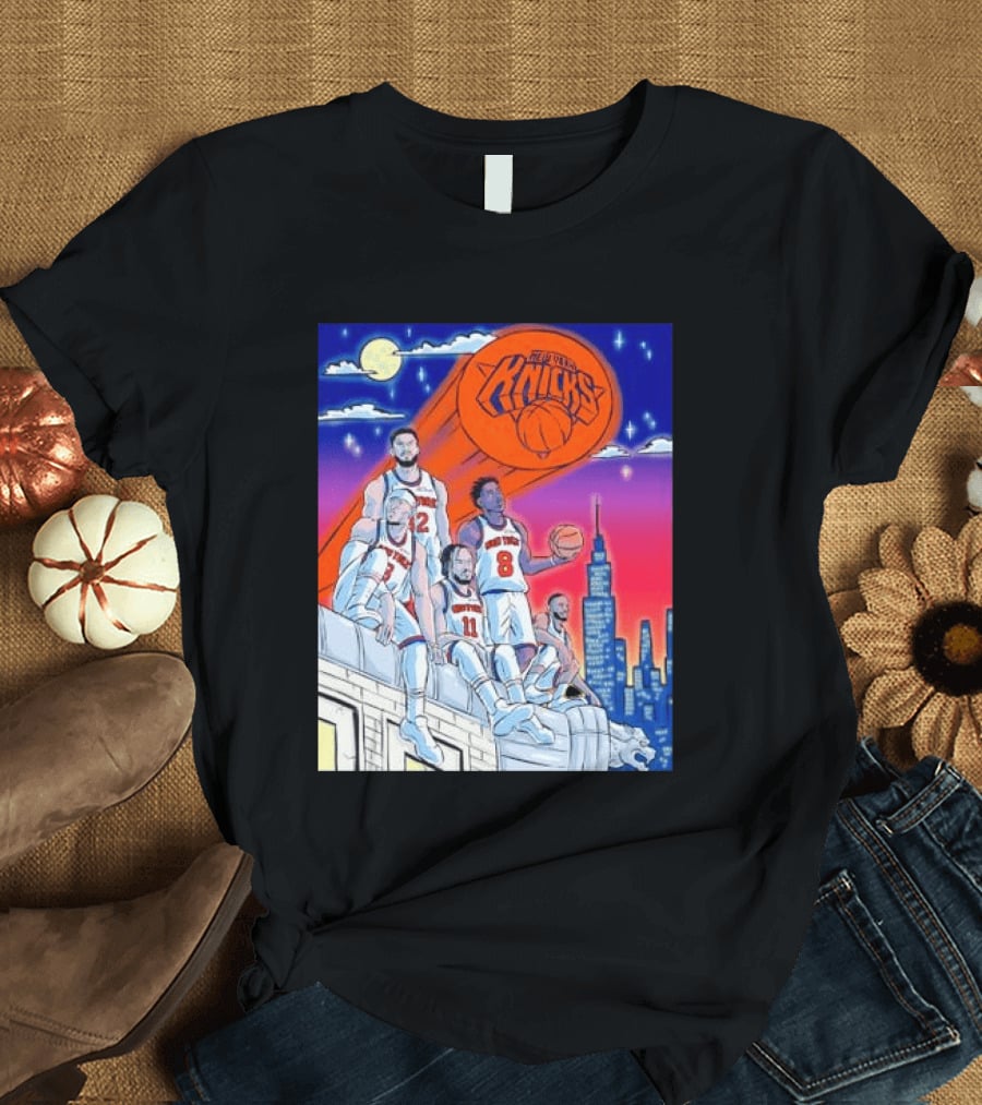 New York Knicks Jalen Brunson Julius Randle Mikal Bridges Basketball City Skyline T-Shirt