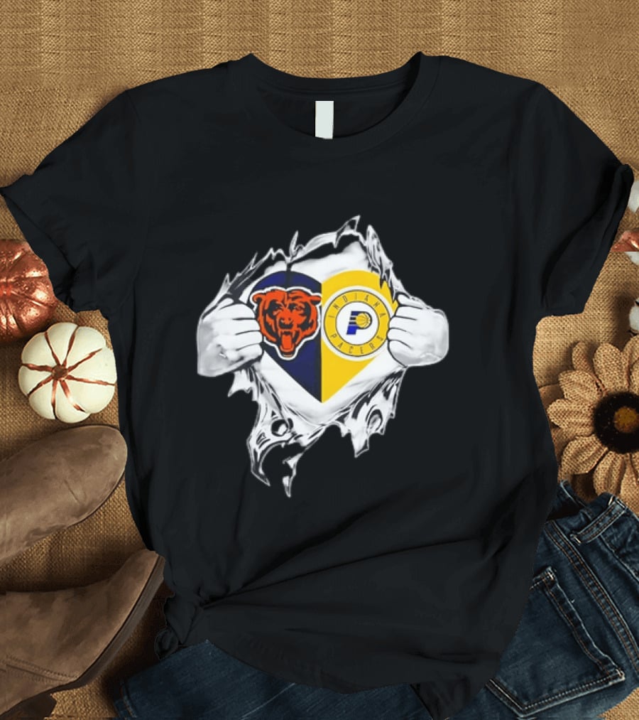 Heart Ripping Open Chicago Bears Indiana Pacers Fans Dual Team Loyalty T-Shirt