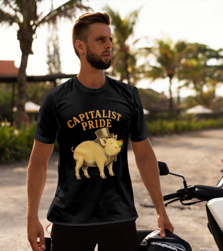 Capitalist Pride Pig With Rainbow Nose And Top Hat Bow Tie T-Shirt