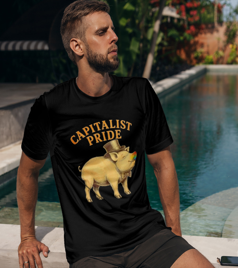 Capitalist Pride Pig With Rainbow Nose And Top Hat Bow Tie T-Shirt