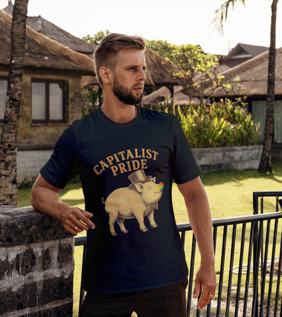Capitalist Pride Pig With Rainbow Nose And Top Hat Bow Tie T-Shirt