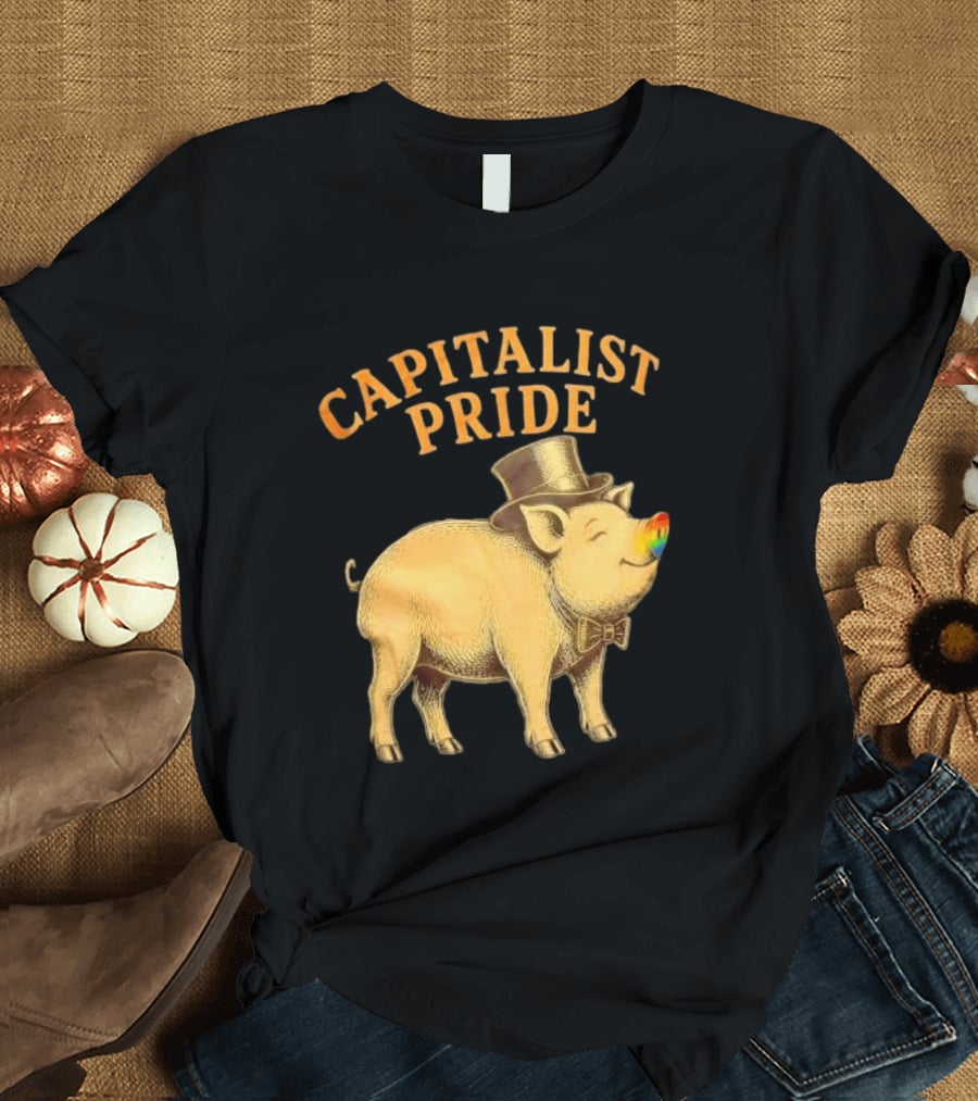 Capitalist Pride Pig With Rainbow Nose And Top Hat Bow Tie T-Shirt