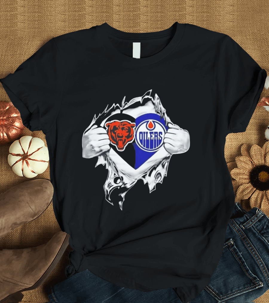 Chicago Bears And Edmonton Oilers Logo Heart Tear T-Shirt