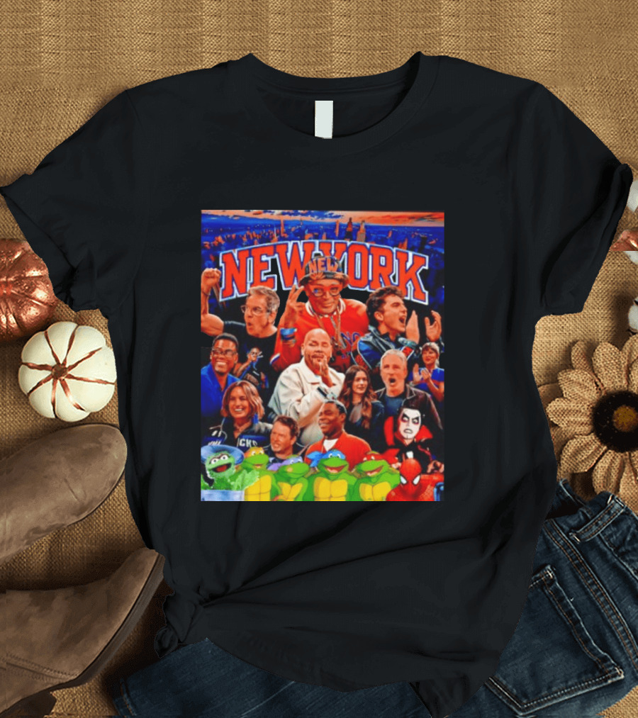 New York Knicks Fans Spike Lee Ben Stiller Timothee Chalamet Chris Rock Featuring Ninja Turtles And Spider Man T-Shirt