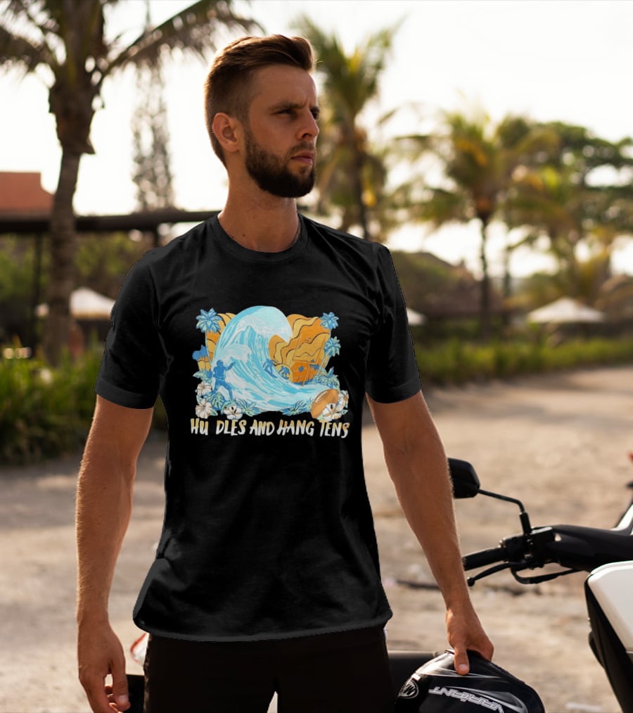 Los Angeles Chargers Tommy Bahama Huddle And Hang Tens Tropical Wave Football Scene T-Shirt