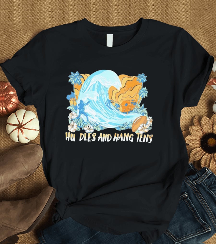 Los Angeles Chargers Tommy Bahama Huddle And Hang Tens Tropical Wave Football Scene T-Shirt