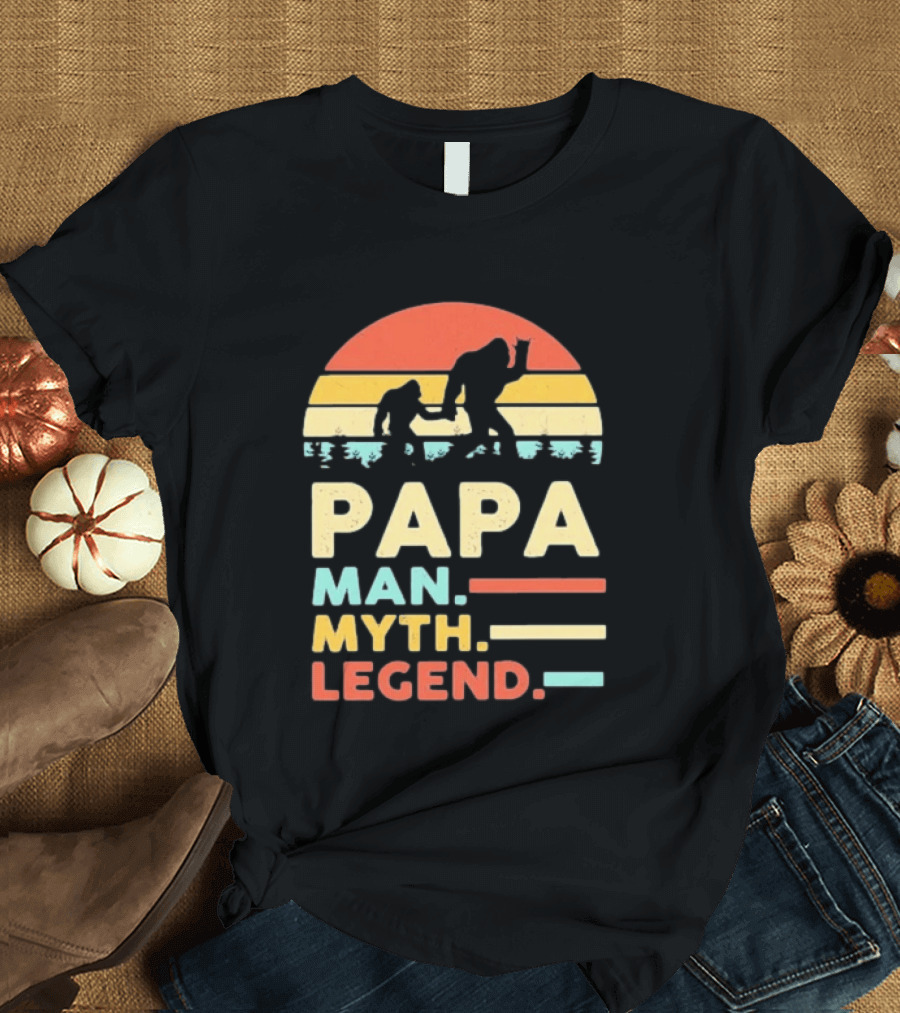 Papa Man Myth Legend Bigfoot Retro Sunset T-Shirt