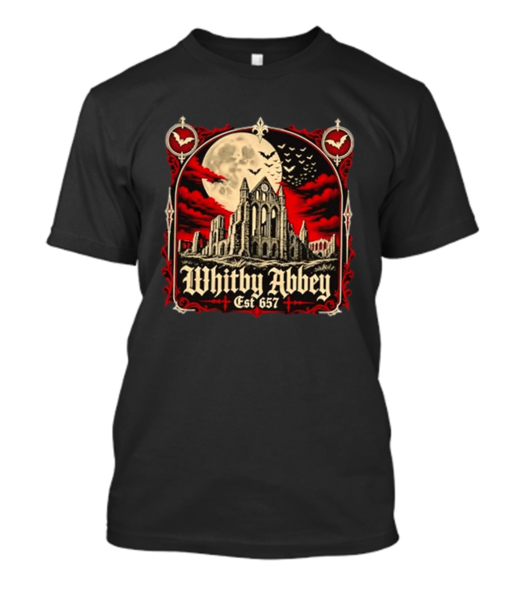Whitby Abbey Gothic North Yorkshire England Est 657 Moon Bats T-Shirt