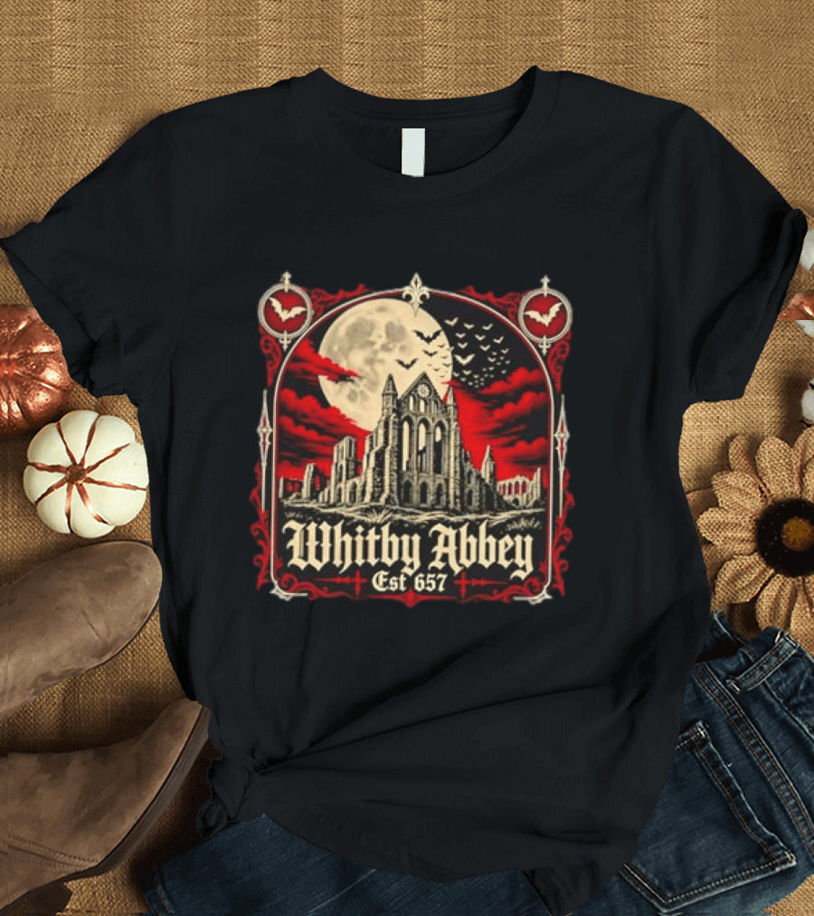 Whitby Abbey Gothic North Yorkshire England Est 657 Moon Bats T-Shirt