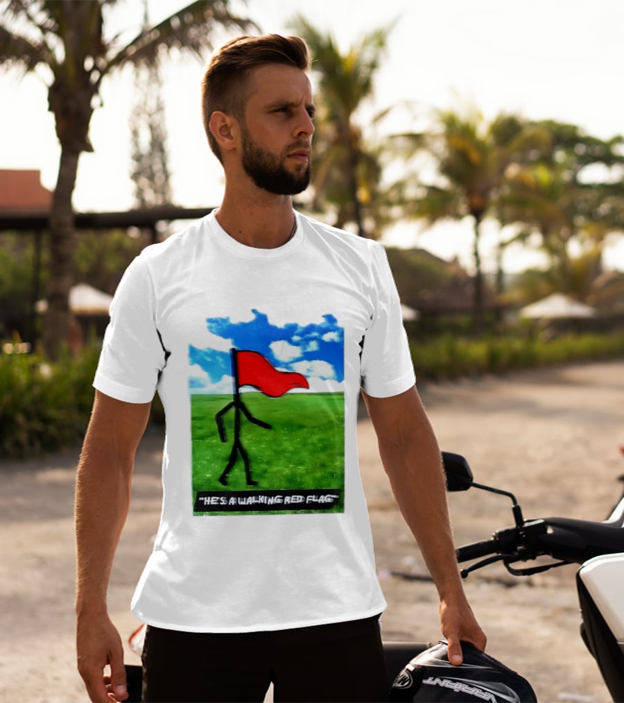 Stick Figure With Red Flag Walking In Field With Blue Sky T-Shirt