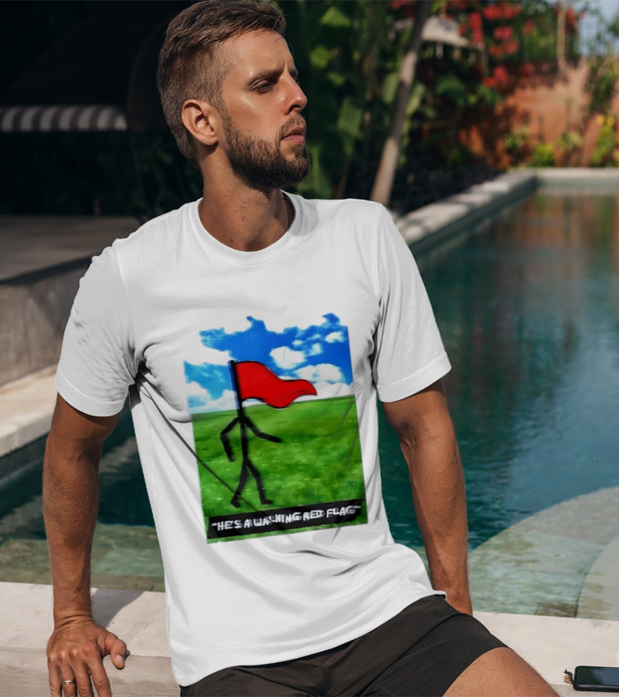 Stick Figure With Red Flag Walking In Field With Blue Sky T-Shirt
