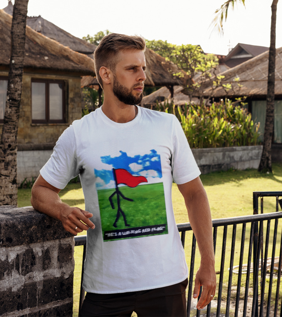 Stick Figure With Red Flag Walking In Field With Blue Sky T-Shirt