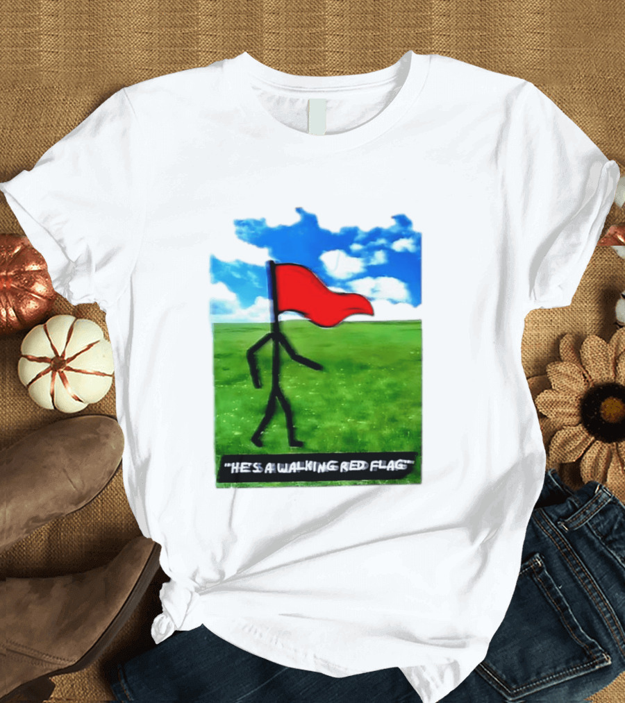 Stick Figure With Red Flag Walking In Field With Blue Sky T-Shirt