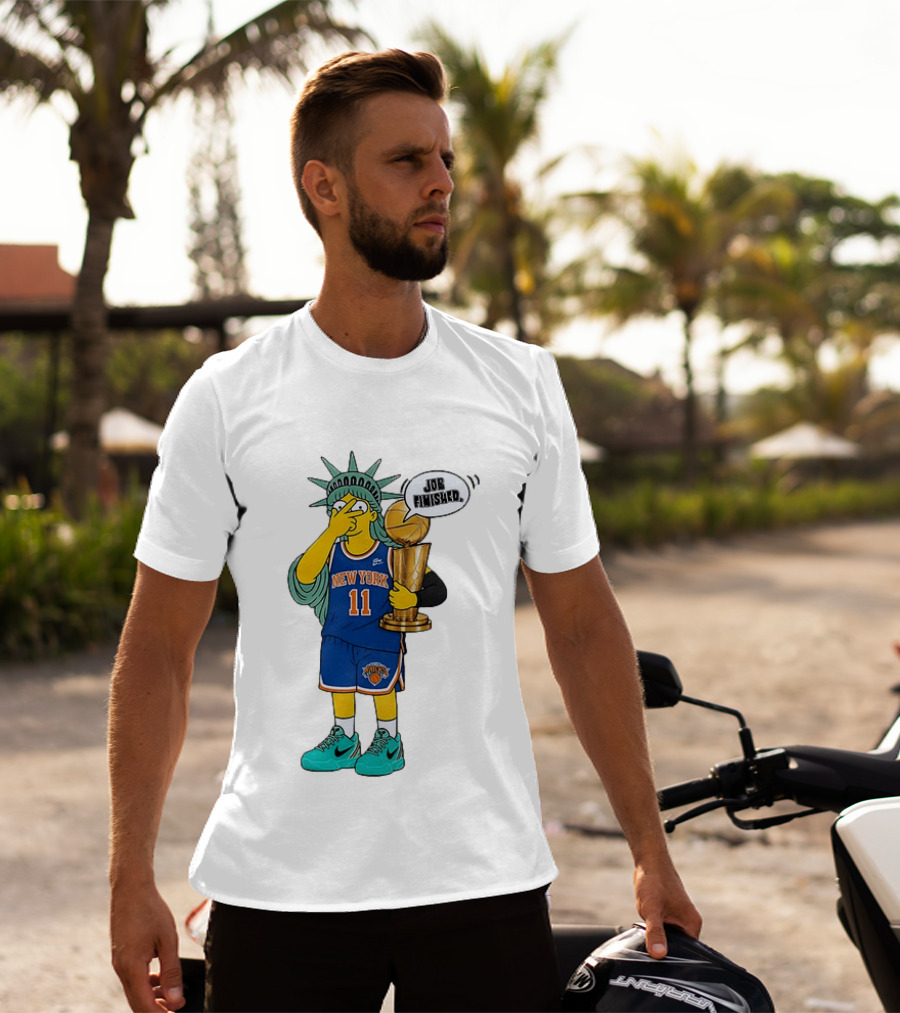 Statue Of Liberty Simpsons Jalen Brunson Hug Trophy New York Knicks Job Finished 2026 NBA Championship T-Shirt