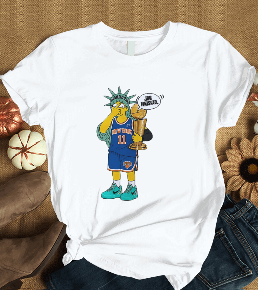 Statue Of Liberty Simpsons Jalen Brunson Hug Trophy New York Knicks Job Finished 2026 NBA Championship T-Shirt