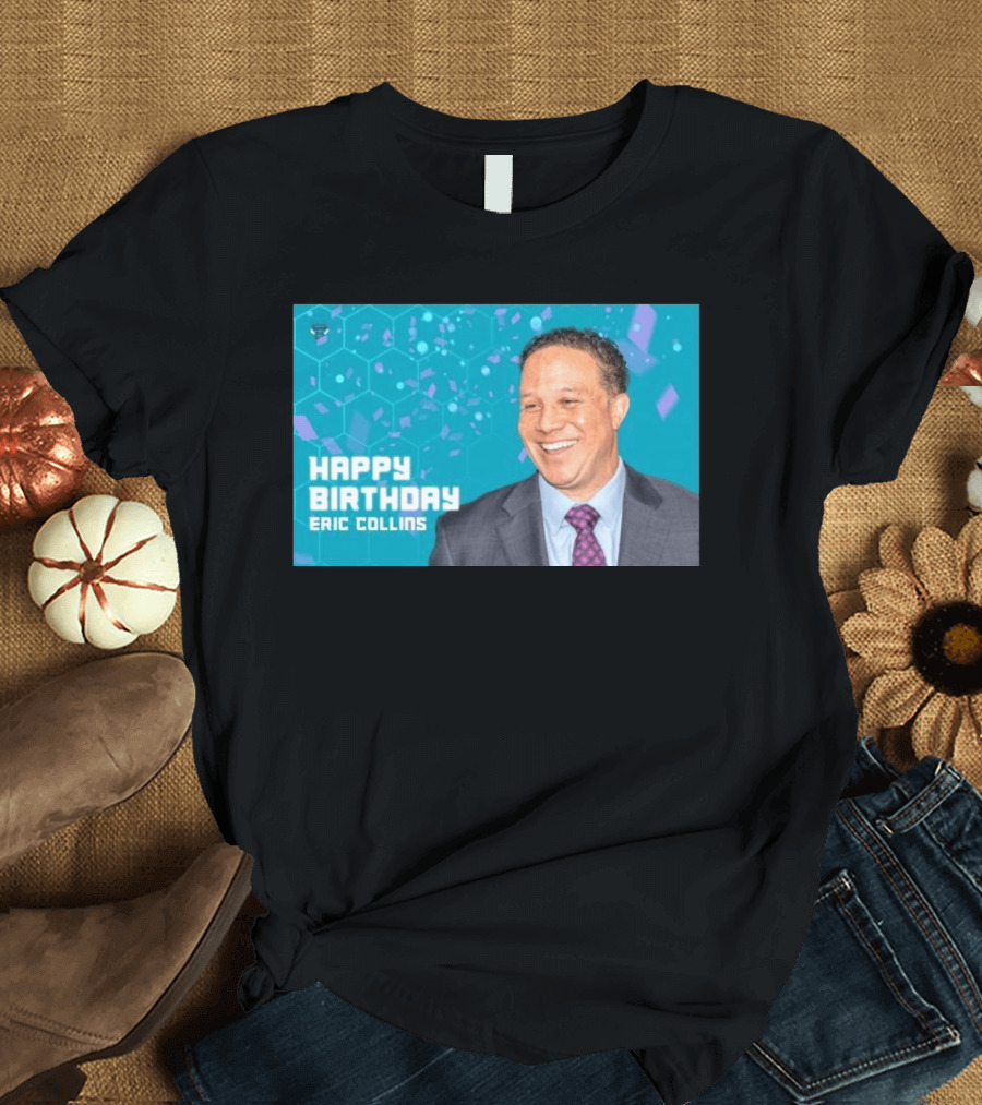 Happy 57th Birthday Eric Collins Celebration With Smiling Man And Turquoise Hexagonal T-Shirt