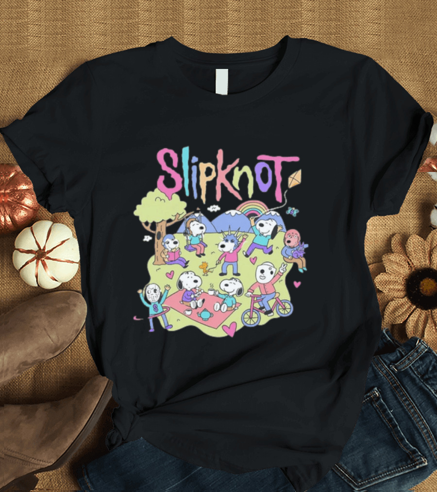 Snoopy Peanuts Characters Playing In Park With Slipknot T-Shirt
