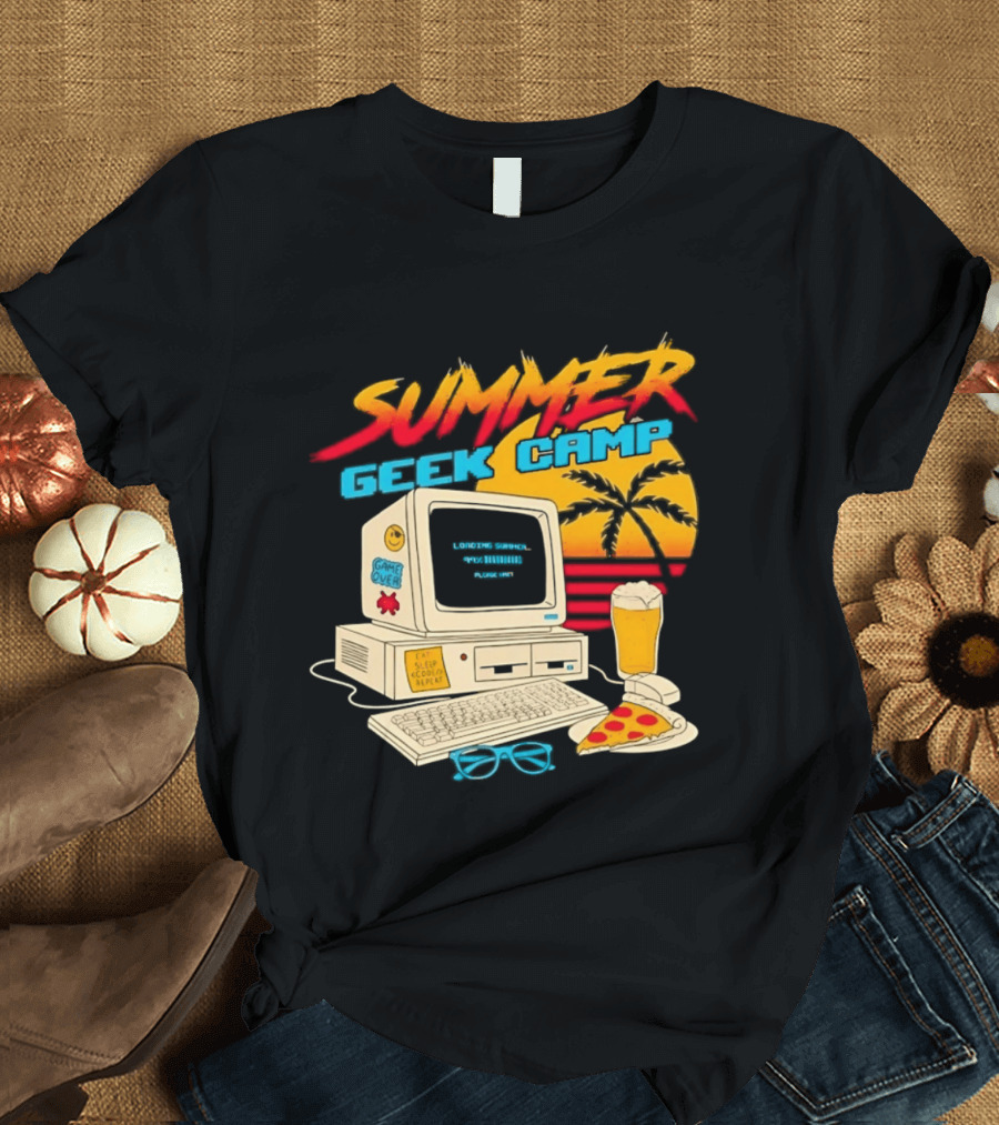 Summer Geek Camp Retro Computer Pizza And Palm Vibes T-Shirt