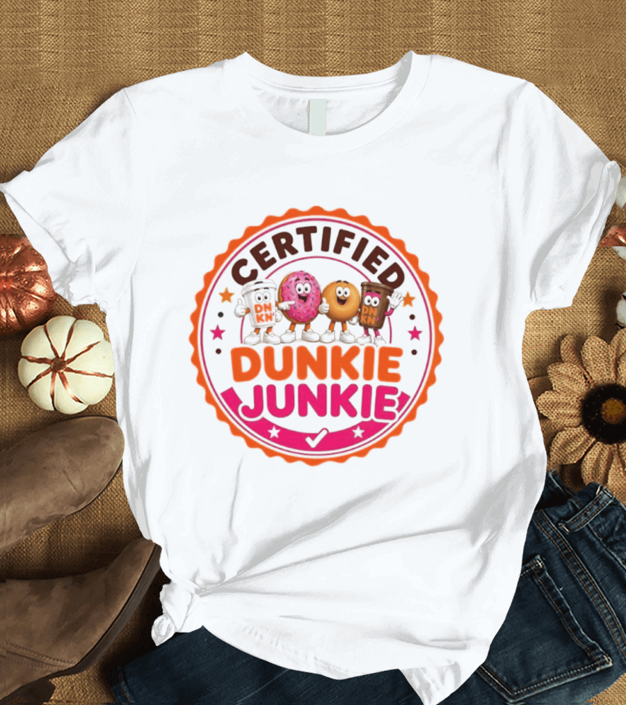 Certified Dunkie Junkie Characters Badge Coffee Donut Fun T-Shirt