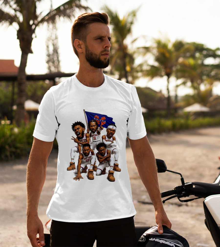 New York Knicks Jalen Brunson NBA Players Holding Team Flag Celebration T-Shirt