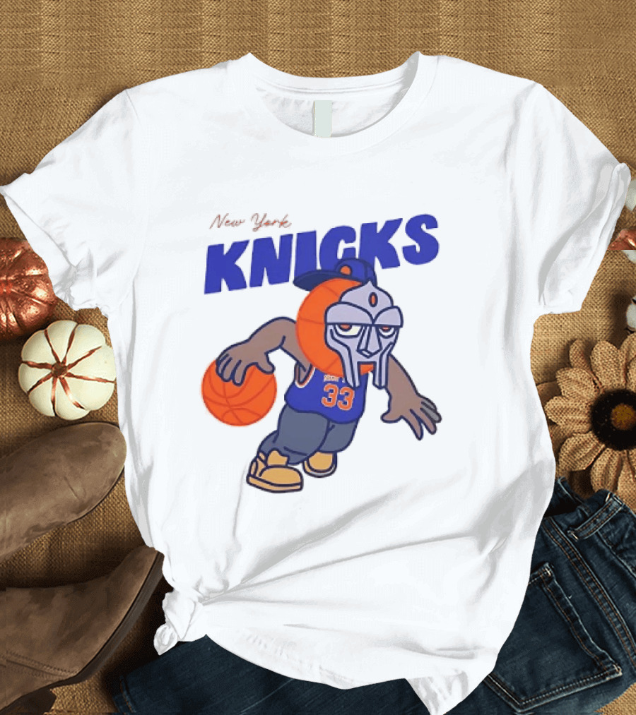 New York Knicks MF DOOM Basketball Mask Number 33 Dribbling T-Shirt